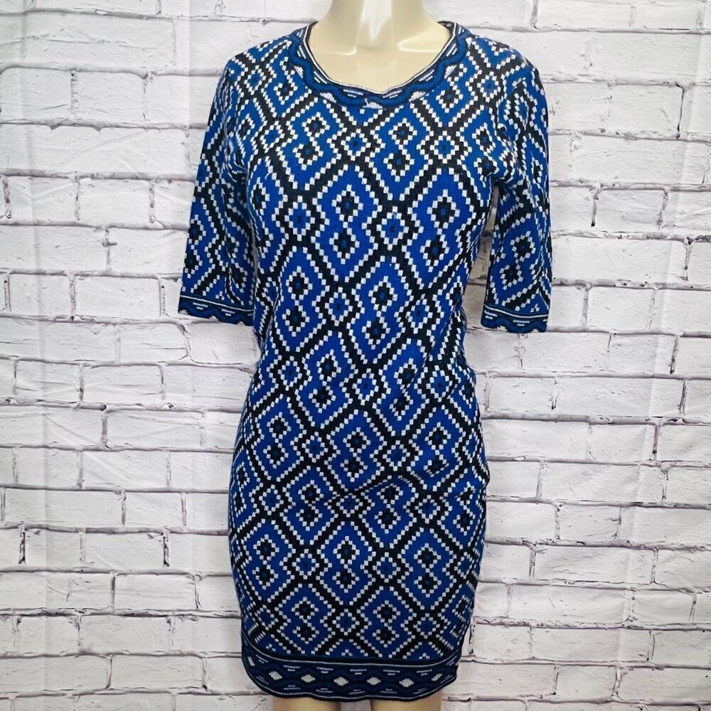 Beige by ECI Women's Small Blue Geometric Print Sweater Dress Size Small